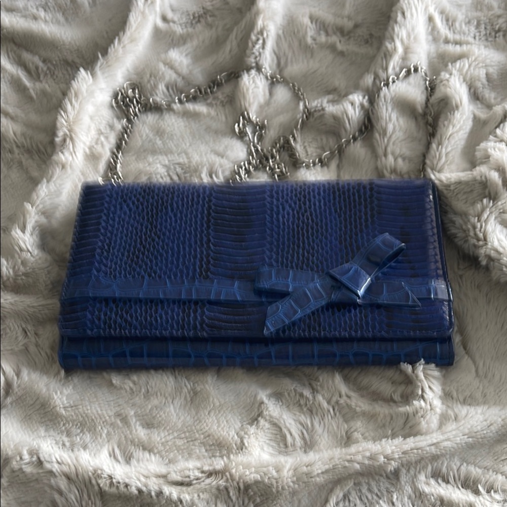 Navy Blue Textured Clutch with Bow Detail